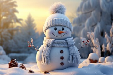 Obraz premium joyful snowman on a background of winter snow