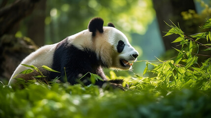 Naklejka premium Giant Panda Bear Enjoying Bamboo in Natural Setting - Perfect for Wildlife Documentaries, Environmental Awareness Campaigns, and Nature-Themed Art Projects