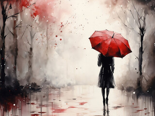 Solitary Woman in Black Coat with Red Umbrella Walking in Foggy Forest - Perfect for Book Covers, Blog Posts, and Wallpapers