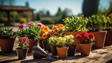Fototapeta na wymiar Gardening - Set Of Tools For Gardener And Flowerpots close-up
