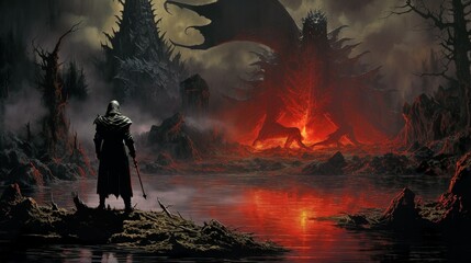 Lone dragonhunter knight against the dragon of the marshes in fantasy swamp setting scenery - obrazy, fototapety, plakaty