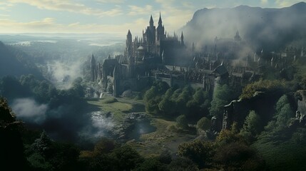 Fototapeta premium Fantasy landscape with medieval gothic style city and castle with towers and a river