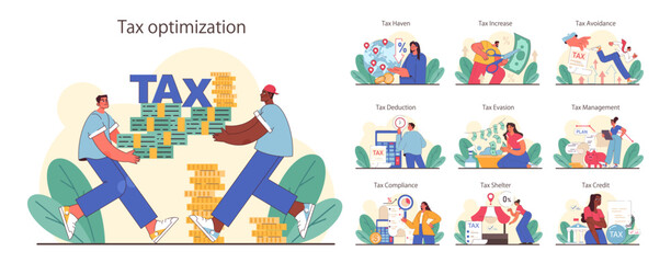 Tax optimization set. Financial efficiency, budgeting and economy idea