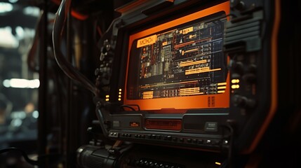 Futuristic cyberpunk terminal machine device with screen and buttons