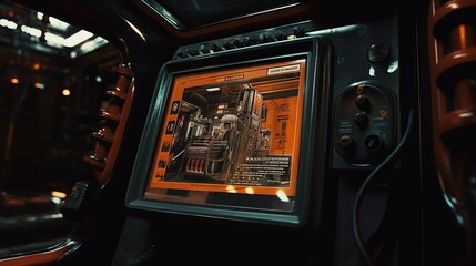 Futuristic cyberpunk terminal machine device with screen and buttons
