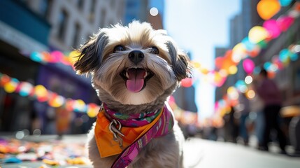 Shih Tzu with a playful topknot, sitting on a colorful blanket