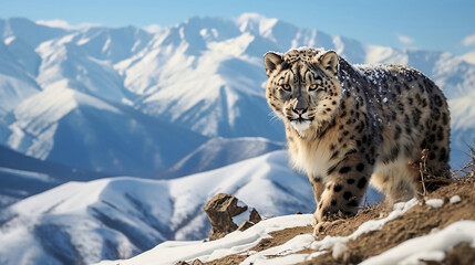 Snow Leopard in Natural Habitat with Majestic Mountain Range - Perfect for Wildlife Documentaries, Environmental Awareness Campaigns, and Nature-Themed Art Projects