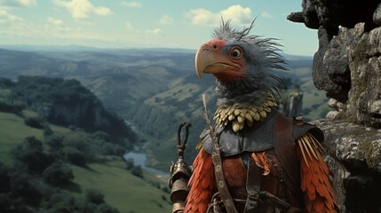 Retro fantasy anthropomorphic bird scavenger character   with castle