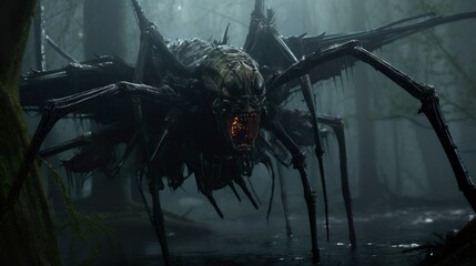 Giant swamp spider monster of the marshes in dark fantasy creature scenery - obrazy, fototapety, plakaty