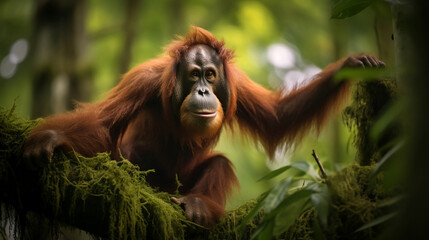 Naklejka premium Orangutan in Lush Jungle Setting - Perfect for Wildlife Documentaries, Environmental Awareness Campaigns, and Nature-Themed Art Projects