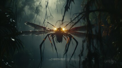 Giant bloodsucker swamp mosquito flying fantasy insect  in the marshes