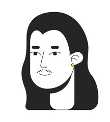 Adult japanese man with long hair black and white 2D line cartoon character head. Pencil moustache asian guy with tiny earring isolated vector outline person face. Monochromatic flat spot illustration