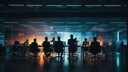 Silhouettes of business people working in modern office.