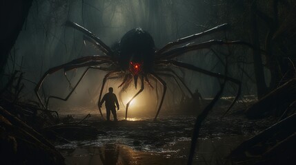 Giant swamp spider attacks medieval soldier in fantasy marshes and swamp region scenery - obrazy, fototapety, plakaty
