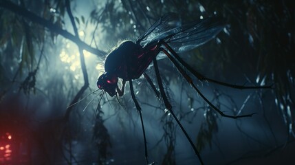 Giant bloodsucker swamp mosquito flying fantasy insect  in the marshes - obrazy, fototapety, plakaty