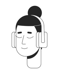 Relaxed headphones man with samurai hairstyle black and white 2D line cartoon character head. Earphones relaxing korean male isolated vector outline person face. Monochromatic flat spot illustration