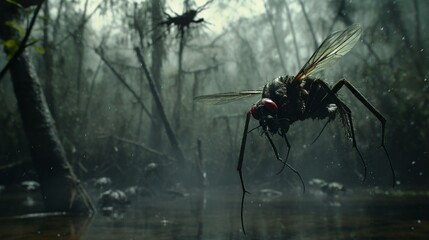 Giant bloodsucker swamp mosquito flying fantasy insect  in the marshes