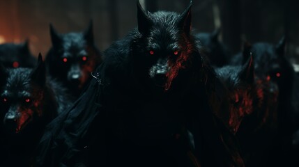 Black wolves pack in a dark fantasy forest with glowing red eyes