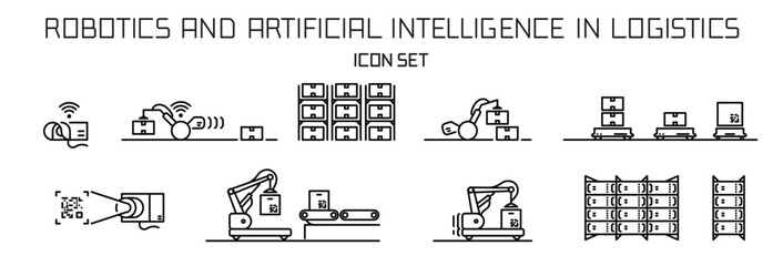 line icon set of robotics in warehouse logistics and automation, safety and technology in automated technology robot warehouse management vector icons illustrations