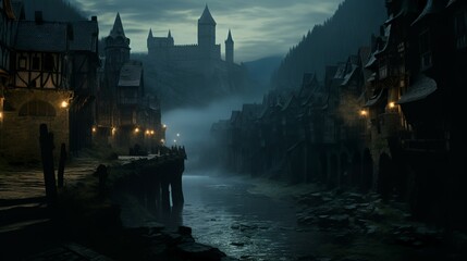 Gothic style fantasy cityscape and castle with river and bridges in medieval landscape - obrazy, fototapety, plakaty