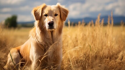 Golden retriever with a trendy lions mane cut, posing in a field