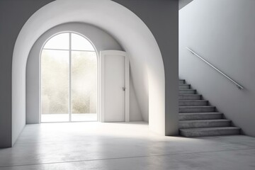 Empty room with arch door, concrete floor, stair corridor. Minimal design. Generative AI