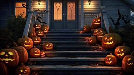 house entrance decorated with pumpkins