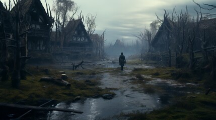 Empty fantasy village in quagmire and swamp region in a misty landscape - obrazy, fototapety, plakaty