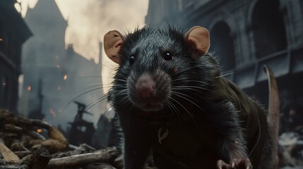 Close-up of a little intelligent rat in a dark fantasy city background  - obrazy, fototapety, plakaty