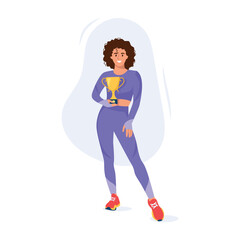 Vector illustration of a happy sportswoman with a cup. Cartoon scene with a beautiful smiling sportswoman wearing a sports suit holding a golden winner's cup isolated on a white background.