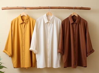 three dress shirts hanging on a wooden hanger