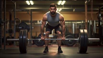 Fototapeta na wymiar Muscular Man Exercising with Weights in Gym Deadlift