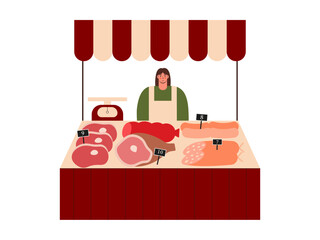 Street market fair. Outdoor market stall vector flat illustration. Local market stall with meat.