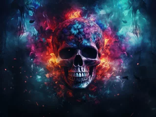 Keuken foto achterwand Aquarel doodshoofd Psychedelic Colorful Skull Painting, Generative AI