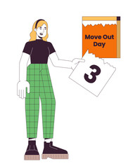 Moving out day calendar tear off line cartoon flat illustration. Caucasian woman ripping page off countdown 2D lineart character isolated on white background. Before moving scene vector color image