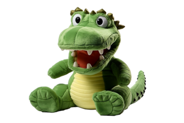 green stuffed crocodile with a smile isolated on a white background