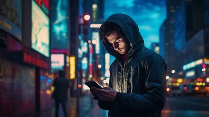 Nighttime Communication: Young Adult Man Text Messaging Outdoors with Cityscape and Skyscrapers in Background