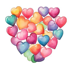 Fototapeta na wymiar Colorful hearts, in the shape of a heart, Valentine's Day illustration, isolated on transparent background