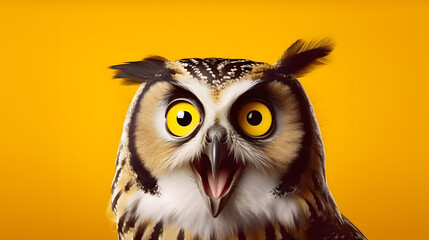 Studio portrait of surprised owl, isolated on yellow background