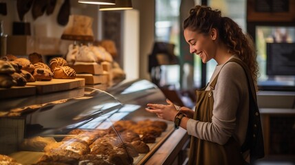 Smiling owner preparing fresh baked goods in small retail bakery store