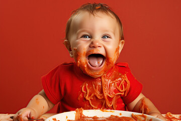 baby laughing with spaghetti sauce mess - obrazy, fototapety, plakaty