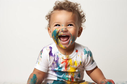 happy baby playing with messy paint