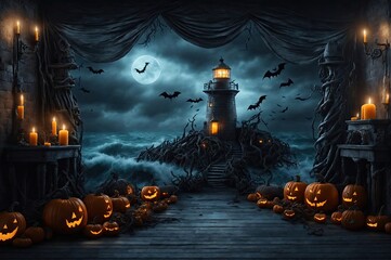 Fototapeta na wymiar Halloween Backdrop Haunted Lighthouse, HALLOWEEN DIGITAL BACKDROP, bat, pumpkin party, decor, kids photography, background, photoshop overlays, haunted house