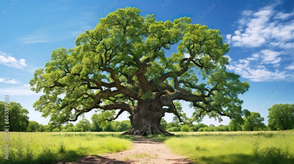 Poster a large tree in a grassy field with a dirt path. generative ai