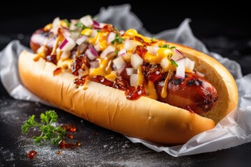 A hot dog with mustard, onions, and sauce on a black background.