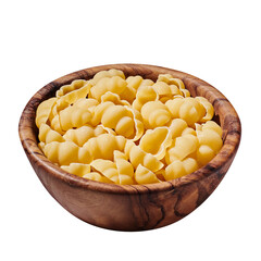 Colorful pasta conchigliei noodle in wooden bowl isolated on white, close up