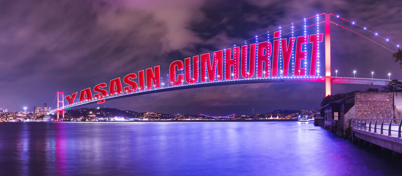 Long live October 29th Republic Day, 100th anniversary celebrations, 15th of July suspension bridge, Istanbul Turkey. 