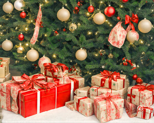 Christmas gift boxes, wrapped in paper and ribbons, under the decorated fir tree. Happy New Year eve