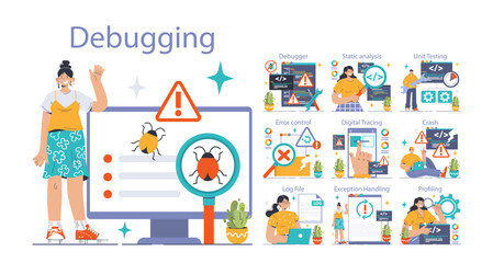 Software testing set. Code testing and debugging. IT specialist searching