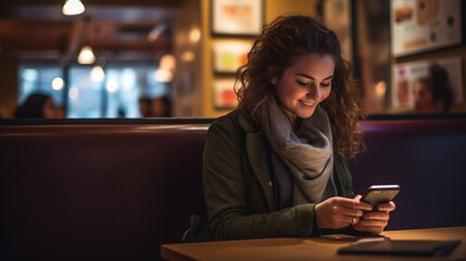 Happy young woman using smartphone at a coffee shop
